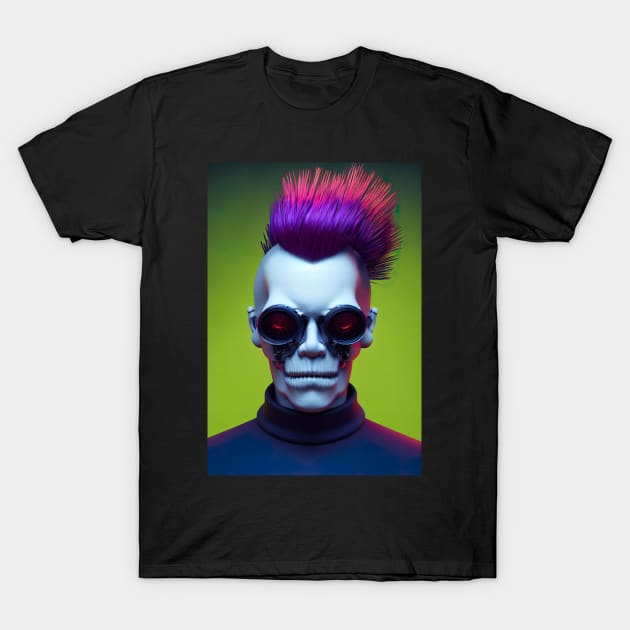 Punk Skull With Colorful Hair Cyberpunk Concept Digital Illustration T-Shirt by Gouzka Creators 